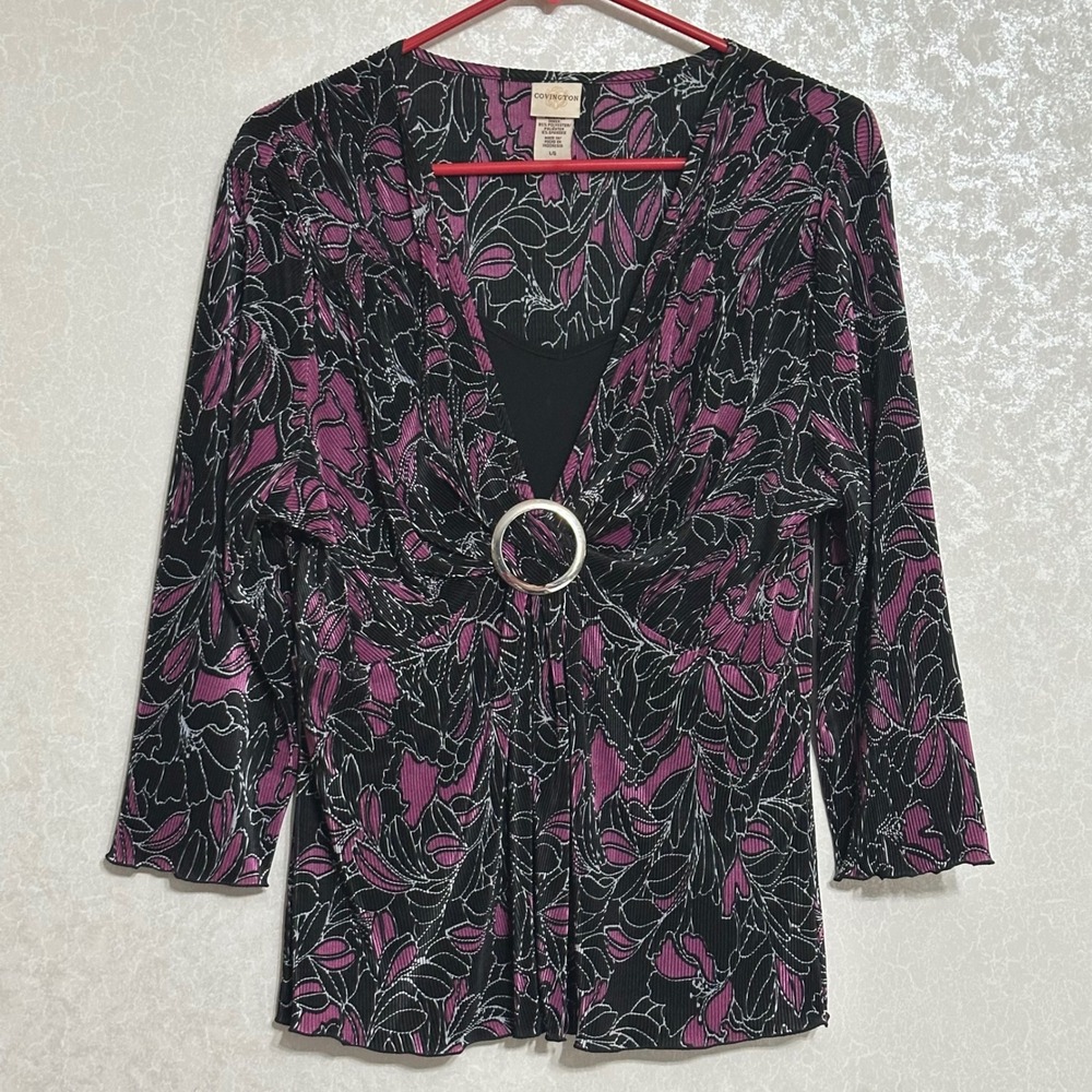 Covington Ring Detail Pleated Floral Blouse Faux Wrap Purple Black Y2K L